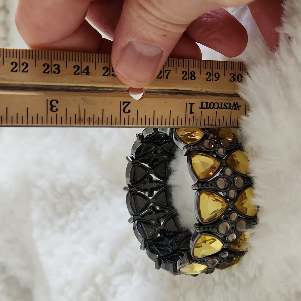 Lia Sophia Couture Signed Silver Yellow Crystal Statement Bracelet Stretch Band - Picture 6 of 6